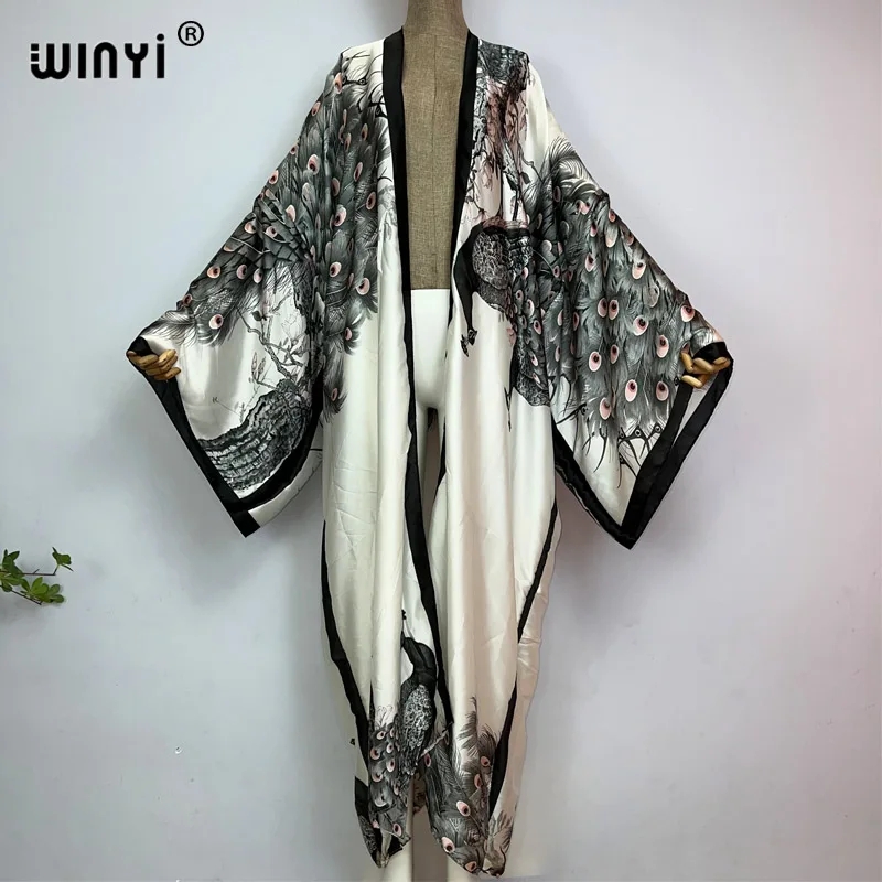 Young Women'S Formal Wear - WINYI-Quimono clássico com estampa pavão para