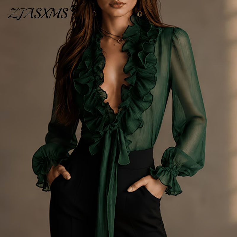 Women'S Formal Wear Blouse - Blusa Feminina Elegante Transparente com Decote