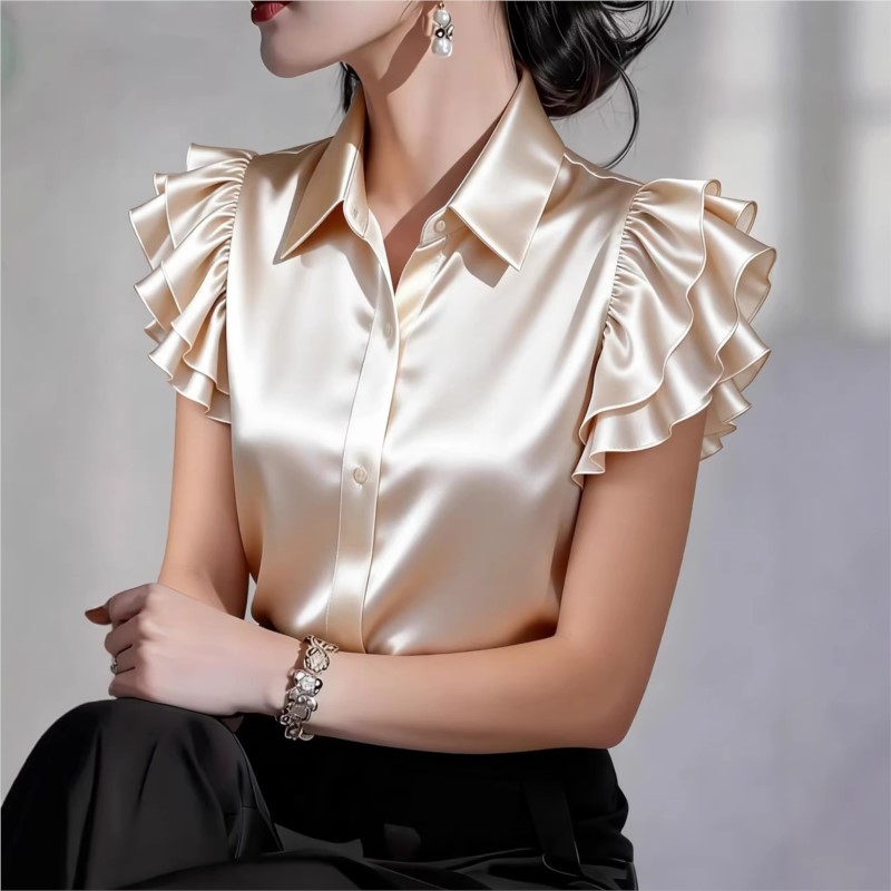 Silk Blouse Button - Blusa Casual com Babados e Manga