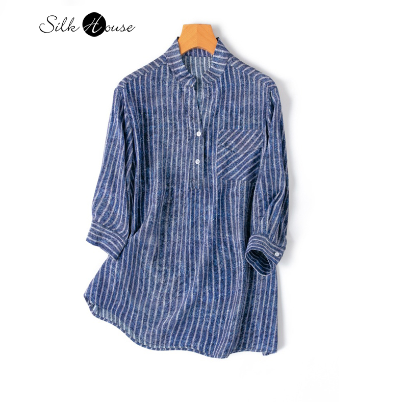 Silk Blouse Button - Camisa feminina com listras verticais, 100%