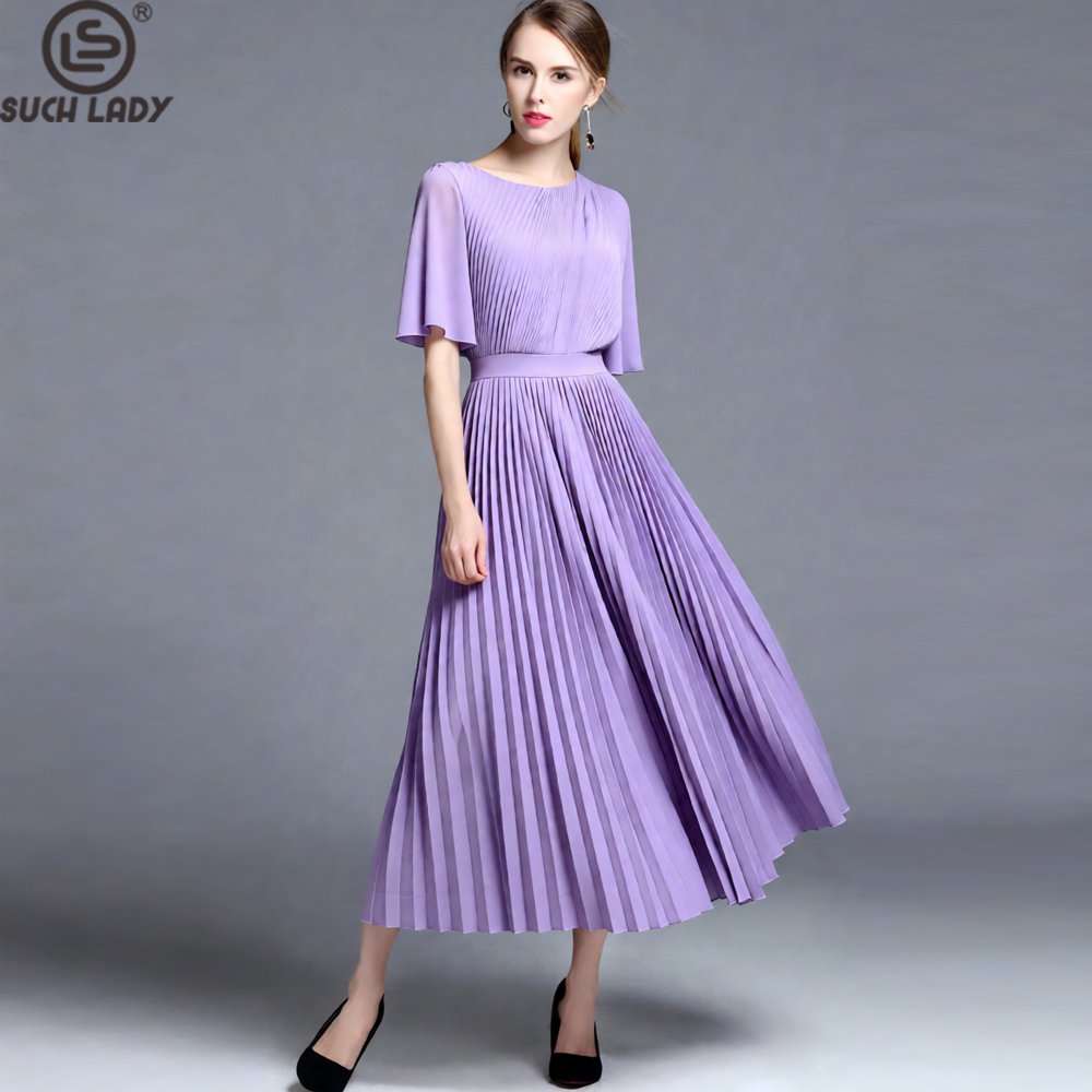 Women'S Formal Wear Wedding Guest - Vestido Midi Plissado Lilás com Manga