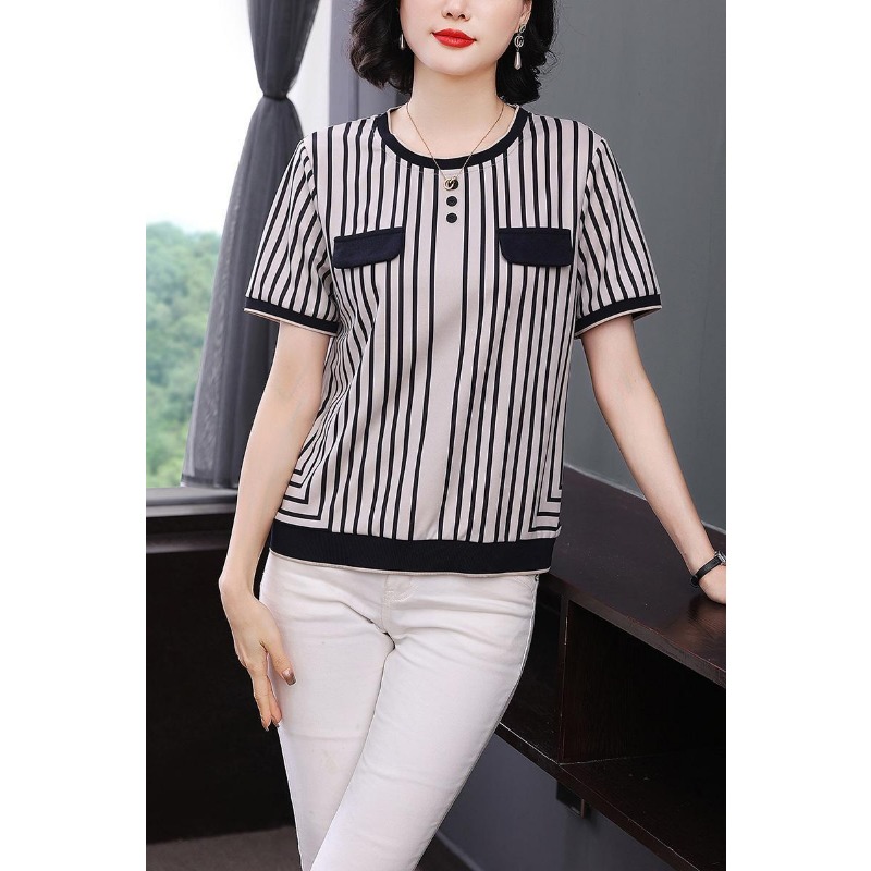 Silk Blouse Button - Camiseta Feminina de Seda Gelada Listrada