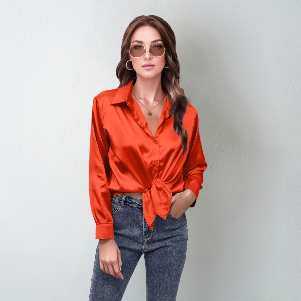 Silk Blouse Button - Primavera camisa de cetim feminina solta