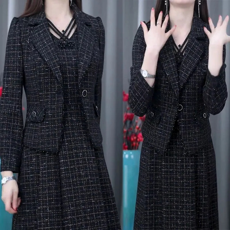 Women Formal Wear Set - Casaco blazer elegante high-end e vestido