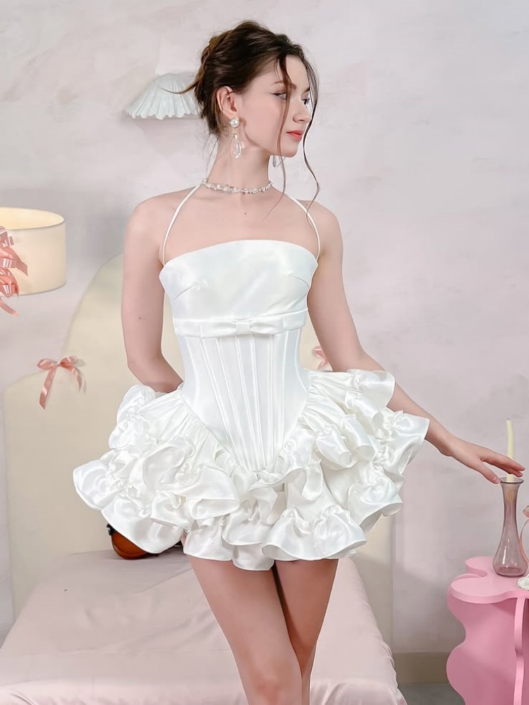 Shift Dress Sleeveless - Mulheres Rosa Branco Lace-up Dress Two