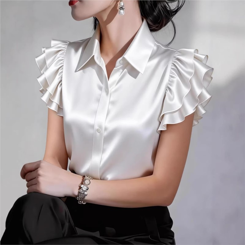 Blusa Casual com Babados e Man - Silk Blouse Button avaliação e preço