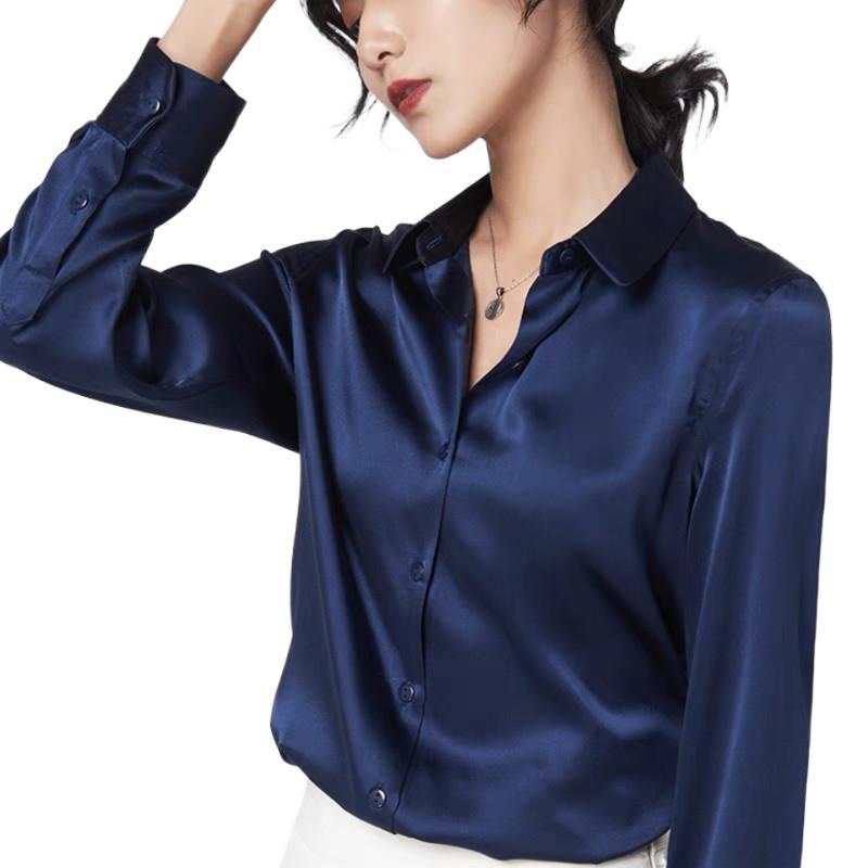 Elegante cetim manga longa blu - Silk Blouse Button avaliação e preço