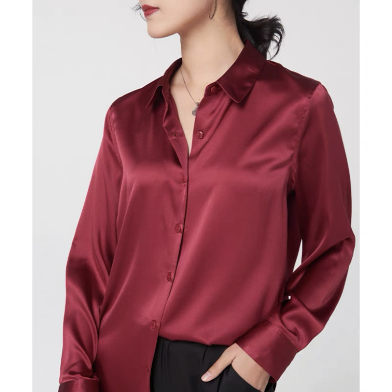 Elegante cetim manga longa blu - Silk Blouse Button avaliação e preço