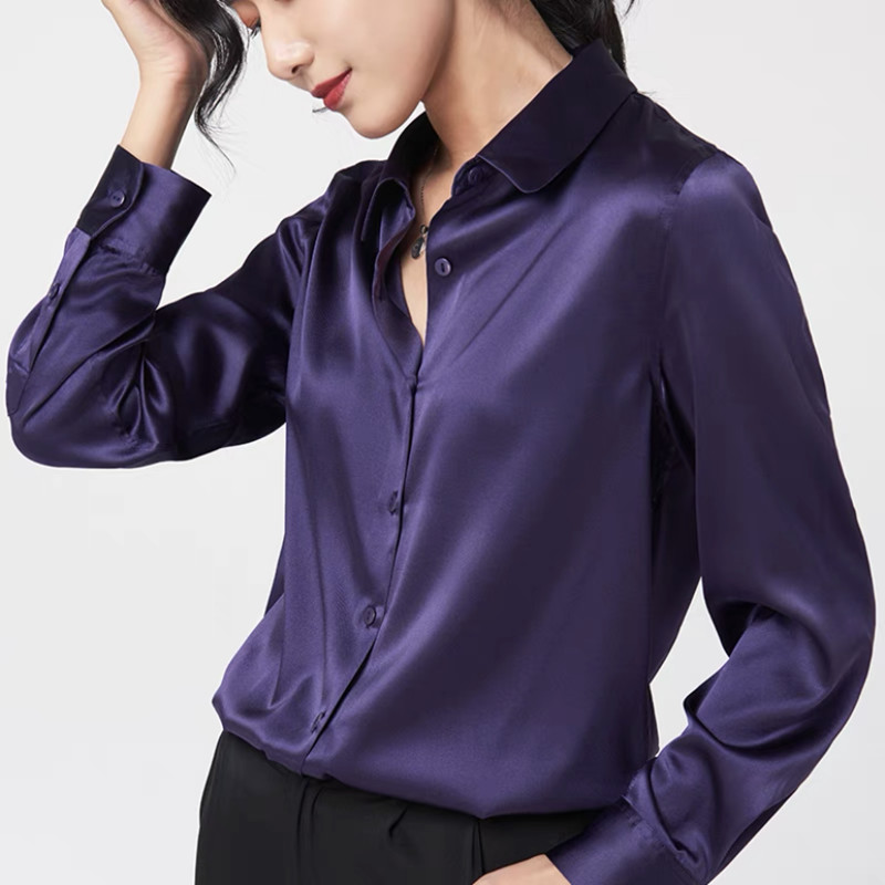 Elegante cetim manga longa blu - Silk Blouse Button avaliação e preço