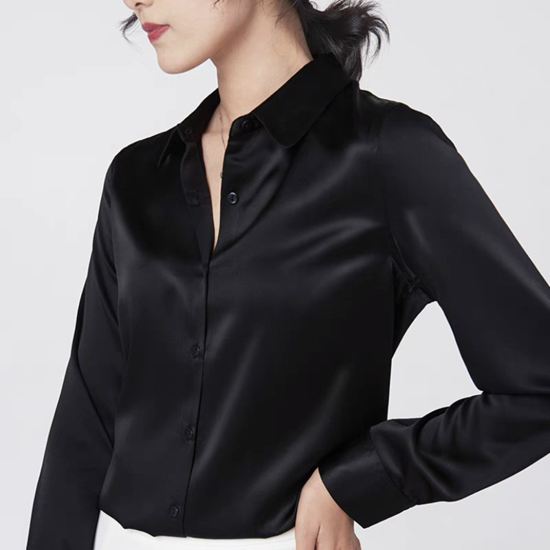 Elegante cetim manga longa blu - Silk Blouse Button avaliação e preço
